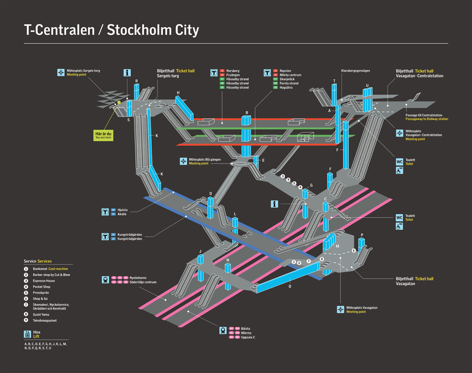 Orienteringstavla T-Centralen Stockholm City och Odenplan då den nya pendeltågsstationen är inritad. Utförd av Tomas Lindell.