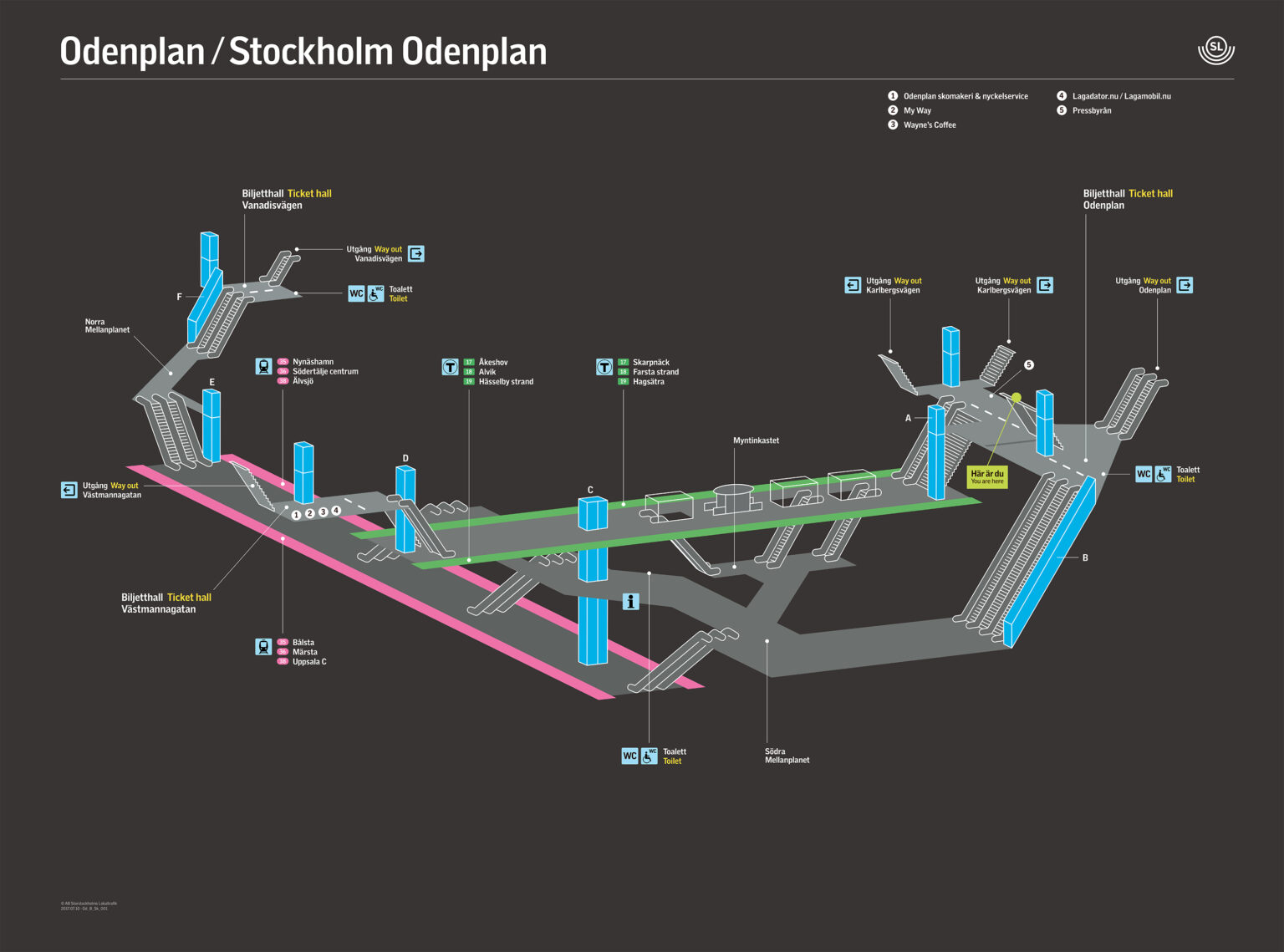 Orienteringstavla T-Centralen Stockholm City och Odenplan där den nya pendeltågsstationen är inritad. Utförd av Tomas Lindell.