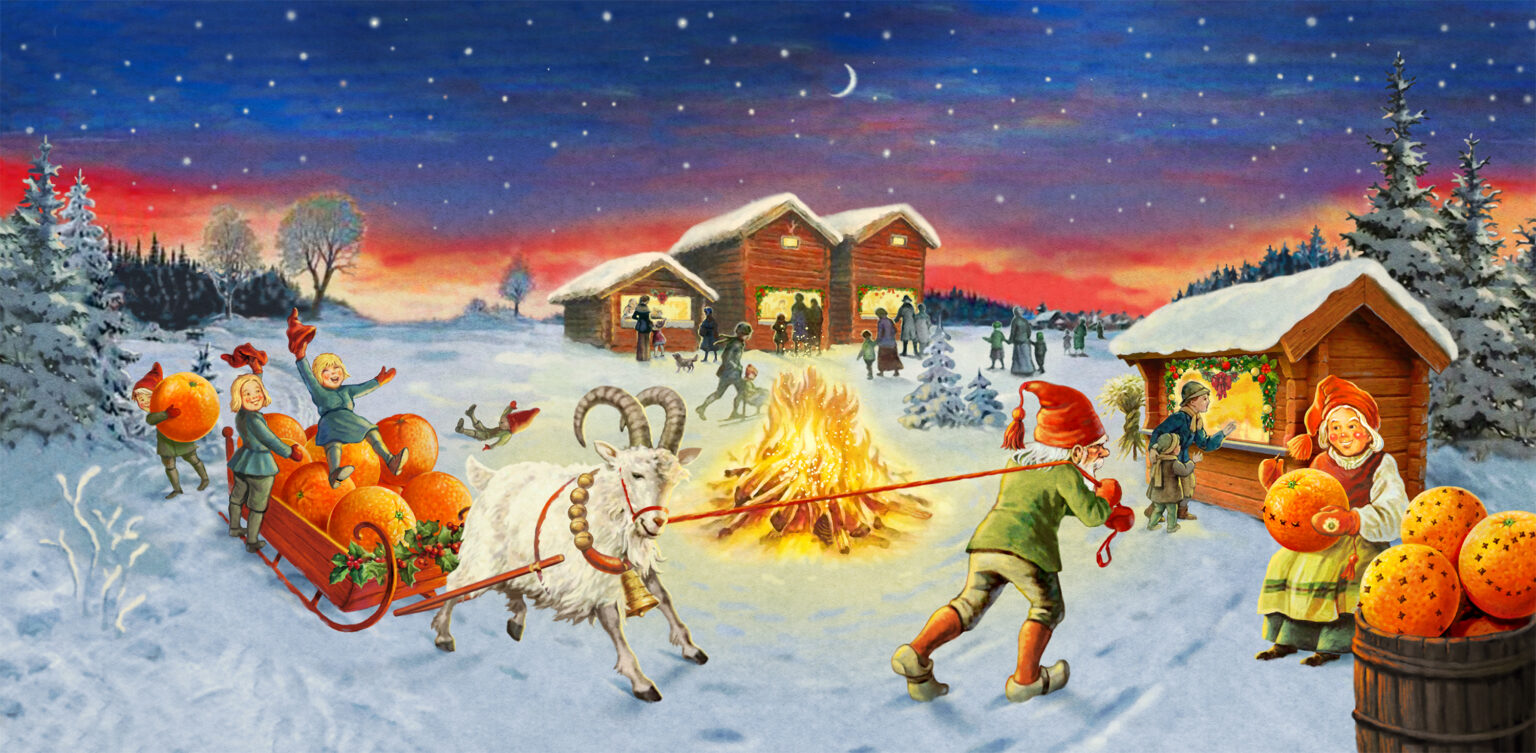 Illustration etikett för Apotekarnes Julmust Apelsin. Föreställande en julmarknad med tomtenissar, släde dragen av en bock med apelsiner och tomtefar och tomtemor. Manér efter Jenny Nyström. Utförd av Tomas Lindell.