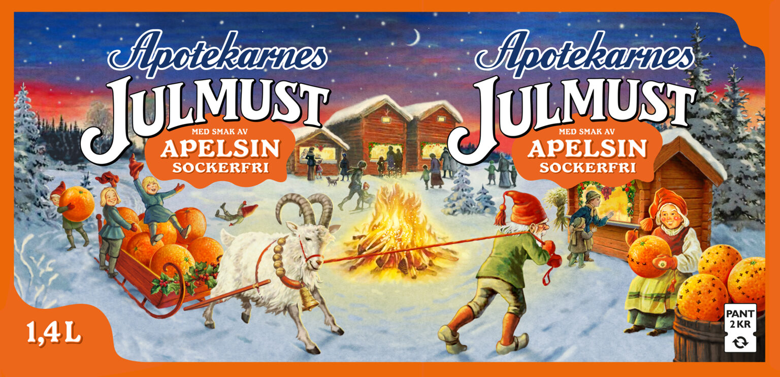 Illustration etikett för Apotekarnes Julmust Apelsin. Föreställande en julmarknad med tomtenissar, släde dragen av en bock med apelsiner och tomtefar och tomtemor. Manér efter Jenny Nyström. Utförd av Tomas Lindell.