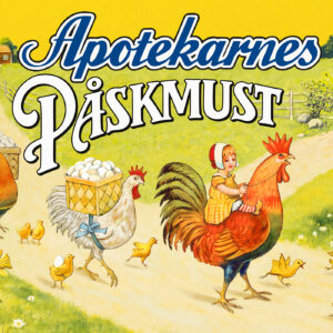 Illustration etikett för Apotekarnes Påskmust. Inspirerad av Jenny Nyström. Utförd av Tomas Lindell.