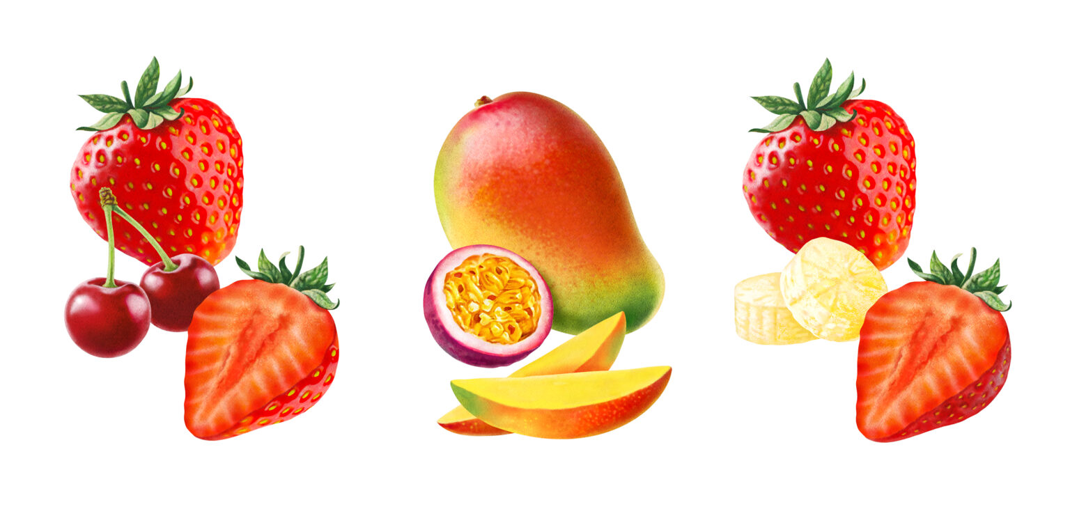 Illustrationer för förpackning sockerfri yoghurt med smakerna Jordgubb/Körsbär, Mango/Passionsfrukt och Jordgubb/banan. Utförd av Tomas Lindell.