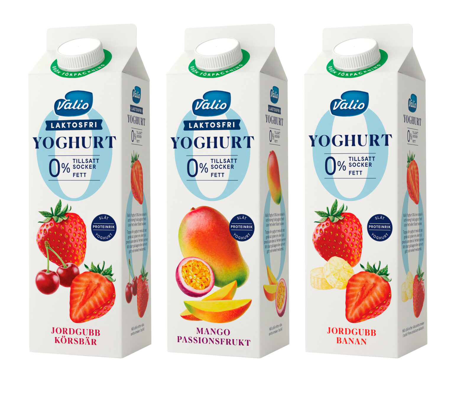 Illustrationer för förpackning sockerfri yoghurt med smakerna Jordgubb/Körsbär, Mango/Passionsfrukt och Jordgubb/banan. Utförd av Tomas Lindell.
