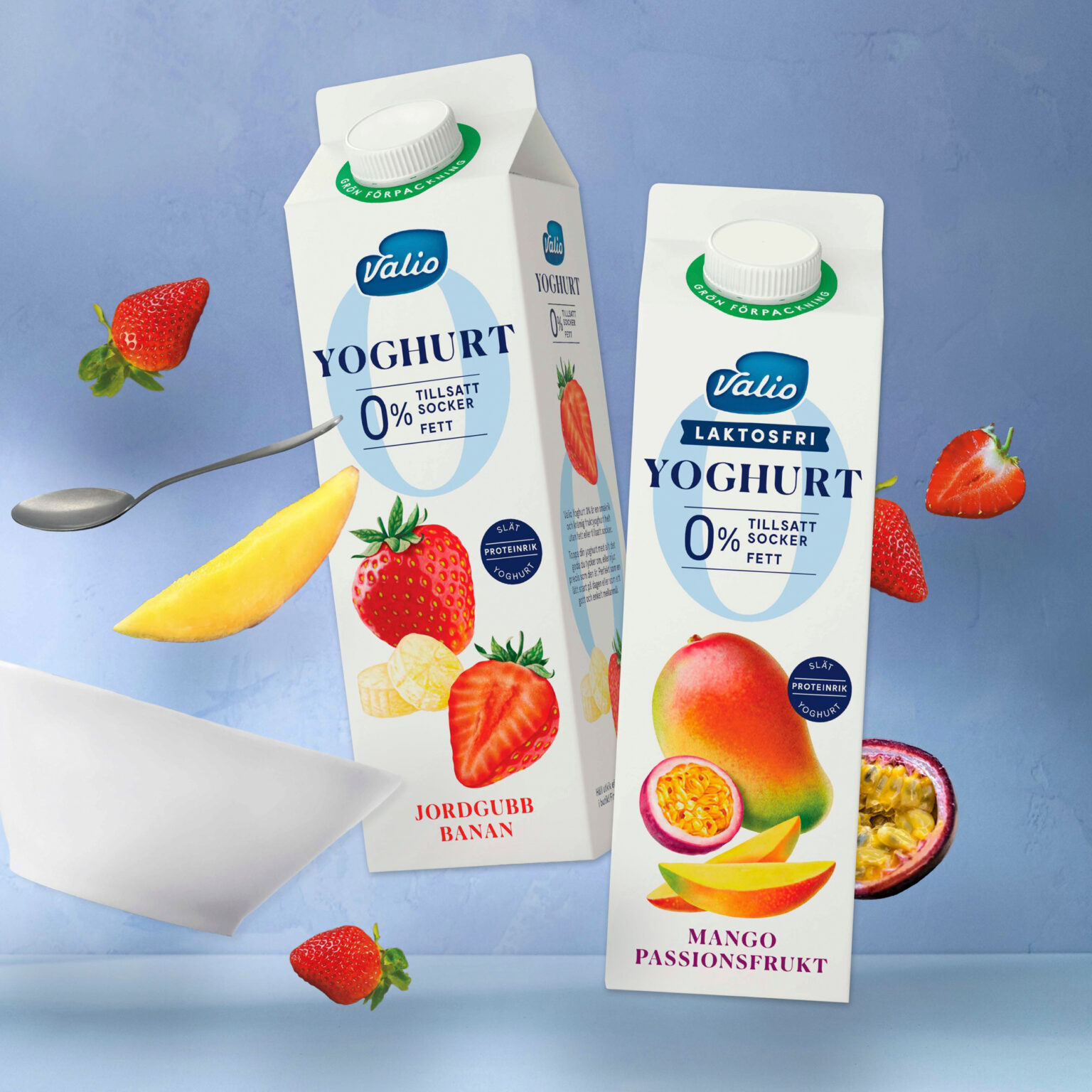 Illustrationer för förpackning sockerfri yoghurt med smakerna Jordgubb/Körsbär, Mango/Passionsfrukt och Jordgubb/banan. Utförd av Tomas Lindell.