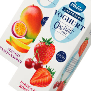Illustrationer för förpackning sockerfri yoghurt med smakerna Jordgubb/Körsbär, Mango/Passionsfrukt och Jordgubb/banan. Utförd av Tomas Lindell.