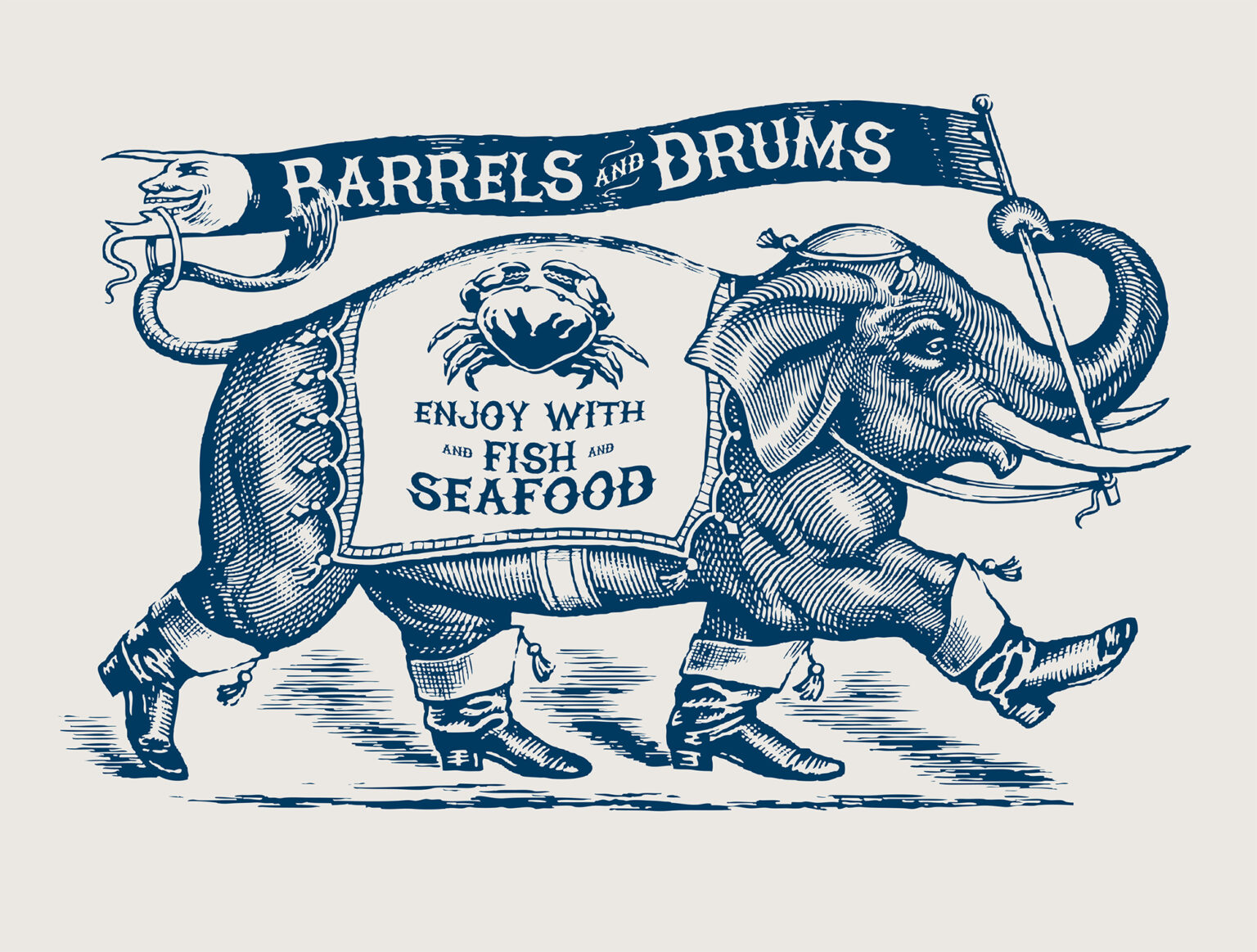 Illustration för etikett Barrels & Drums, alkoholfria viner. Druvorna till det mousserande vinet är Chardonnay från Spanien. Utförd av Tomas Lindell.