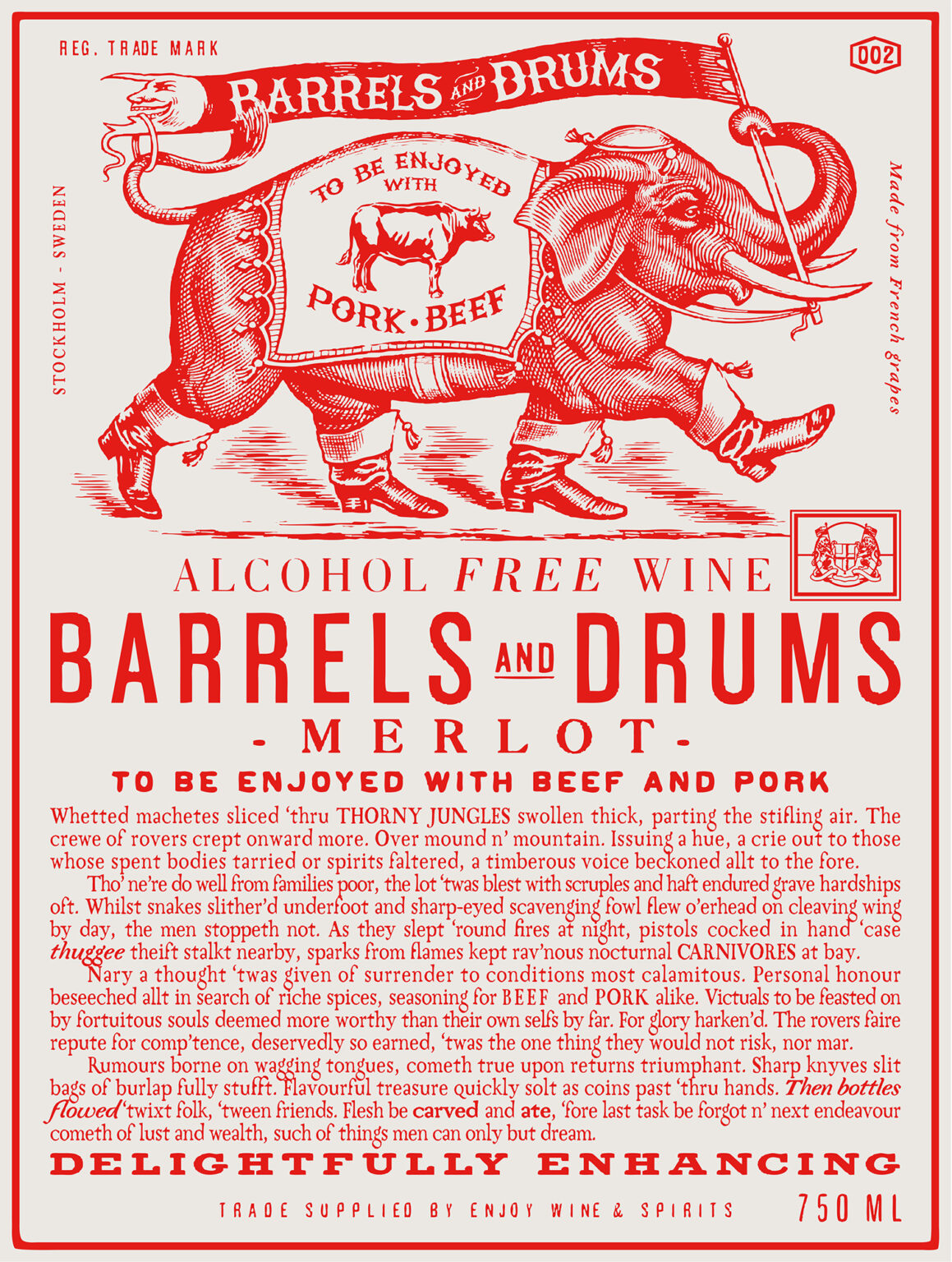 Illustration för etikett Barrels & Drums, alkoholfria viner. Druvorna till det mousserande vinet är Chardonnay från Spanien. Utförd av Tomas Lindell.