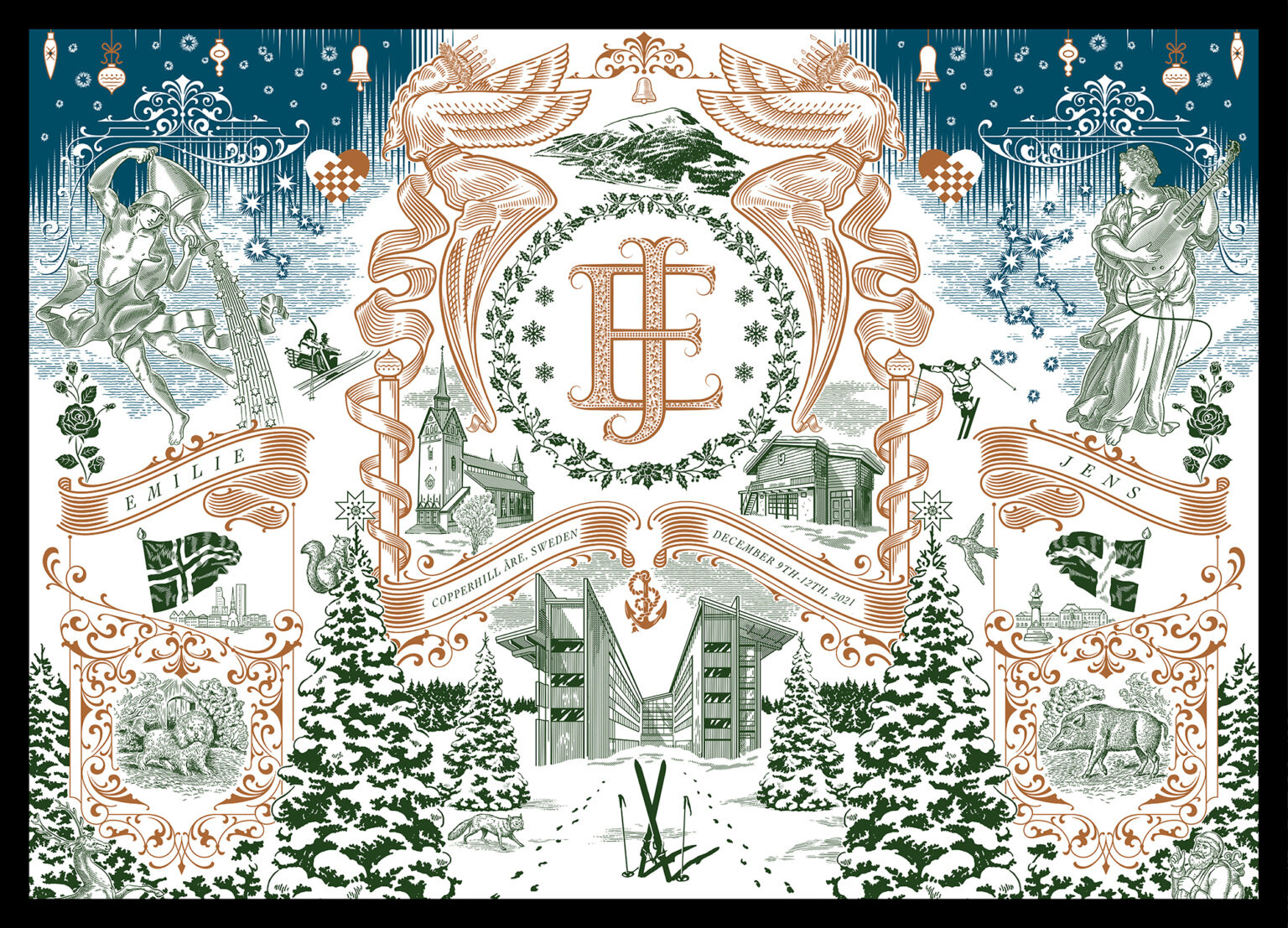 Illustration för en inbjudan till bröllopet mellan Emilie Stordalen och Jens Bredberg. Inbjudan gjordes som en julkalender där man i varje ruta kunde följa bröllopsförberedelserna. Monogram: Niclas Engsäll. Utförd av Tomas Lindell.