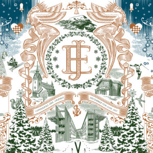 Illustration för en inbjudan till bröllopet mellan Emilie Stordalen och Jens Bredberg. Inbjudan gjordes som en julkalender där man i varje ruta kunde följa bröllopsförberedelserna. Monogram: Niclas Engsäll. Utförd av Tomas Lindell.