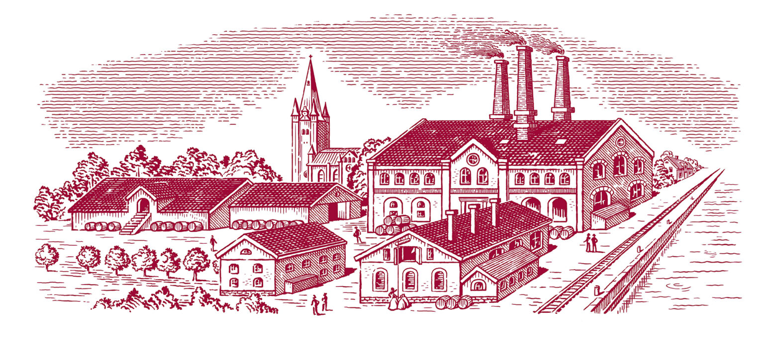 Illustration för etikett föreställande Mariestads bryggerier. Utförd av Tomas Lindell.