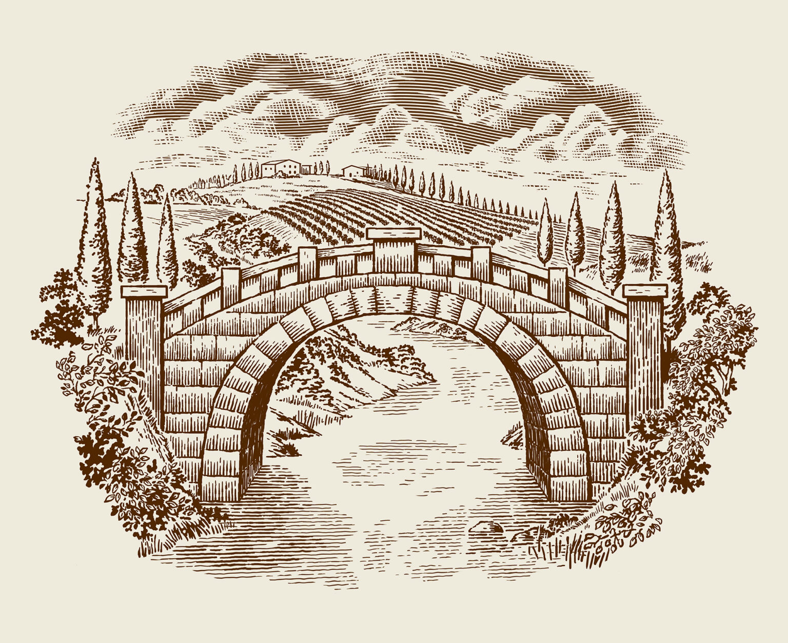 Illustration etikett föreställande en bro i Toscana. Utförd av Tomas Lindell.