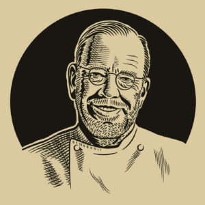 Porträtt Erik Lallerstedt för förpackning Eriks såser. Illustration av Tomas Lindell.